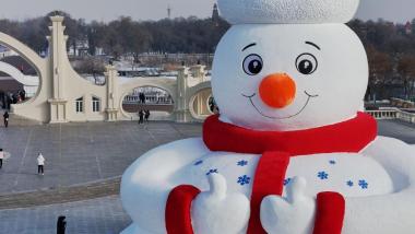 哈尔滨今冬第一个大雪人微笑亮相