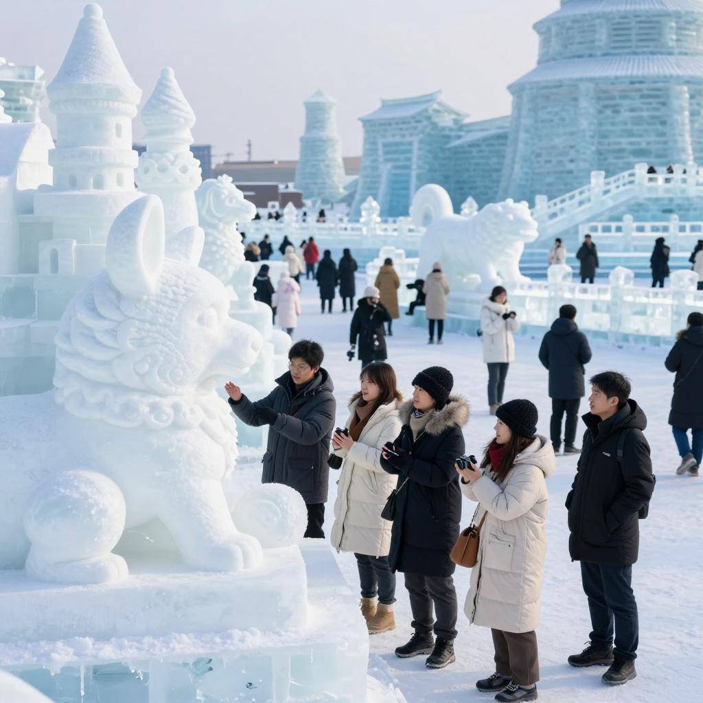 哈尔滨：首个大型雪雕是“童话小马一家”
